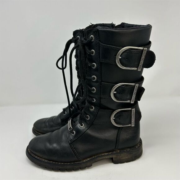 Harley-Davidson Moto Black Leather Lace-Up Riding Boots Size 6.5 Buckles - Picture 10 of 16